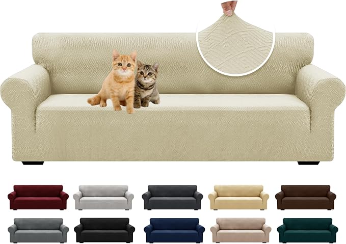 XINEAGE Stretch Jacquard XL Sofa Cover, Non Slip Sofa Slipcover for Dog | High-Stretch Fabric. Wear-Resistant, Pet Friendly. Easy Install & Washable for Living Rooms, Offices.Light Beige by XINEAGE