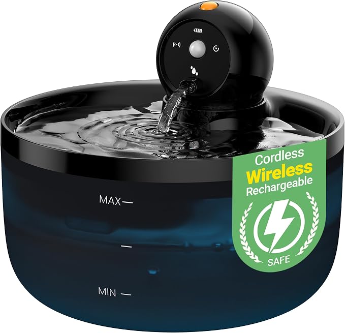 Cat Water Fountain Wireless Cordless: Cat Fountain for Drinking Battery Operated - 88oz/2.6L Black Pet Water Fountain Rechargeable - Quiet Cats Water Bowl Dispenser with Motion Sensor - Small Animals by GOOIFUN