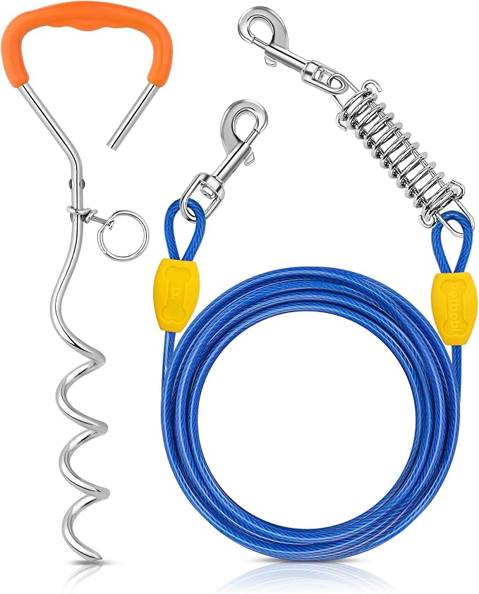 Petbobi Dog Tie Out Cable and Stake, 10ft Heavy Duty Dog Leads for Yard | 4in Shock Spring, 16in Spiral Ground Anchor, 360° No-Tangle Swivel, Chew-Proof Rustproof Wire, Up to 120 lbs, Outdoor Camping by Petbobi