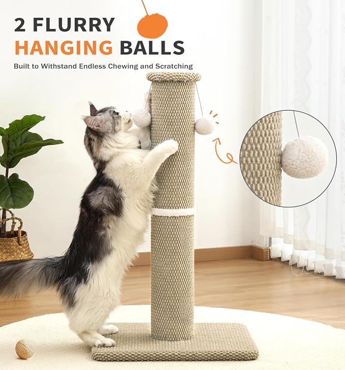 Made4Pets Tall Cat Scratching Post, Carpet Scratcher for Indoor Cats, 33" | Reach-and-Stretch Height, Wide Base, Hanging Balls for Play, Easy Assembly with Tools, For Adult and Larger Cats, Beige - Image 7