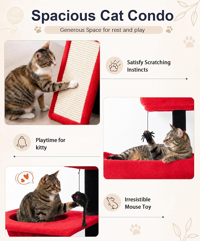 Gothic Cat Tree, 68 Inches Heavy Duty Cat Tower for Indoor Cat | Cat Tower with 2 Condos, Sisal Scratching Posts, Plush Platform & Hammock, Extra Stable Big Cat Furniture, Black Red - Image 7