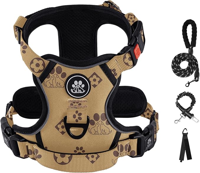 IVY&LANE No Pull Dog Harness with Leash Set, Reflective No Choke Pet Vest,Adjustable Oxford Dog Vest Harness with Easy Control Handle for Large Dogs (Light Brown,L) by IVYLANE