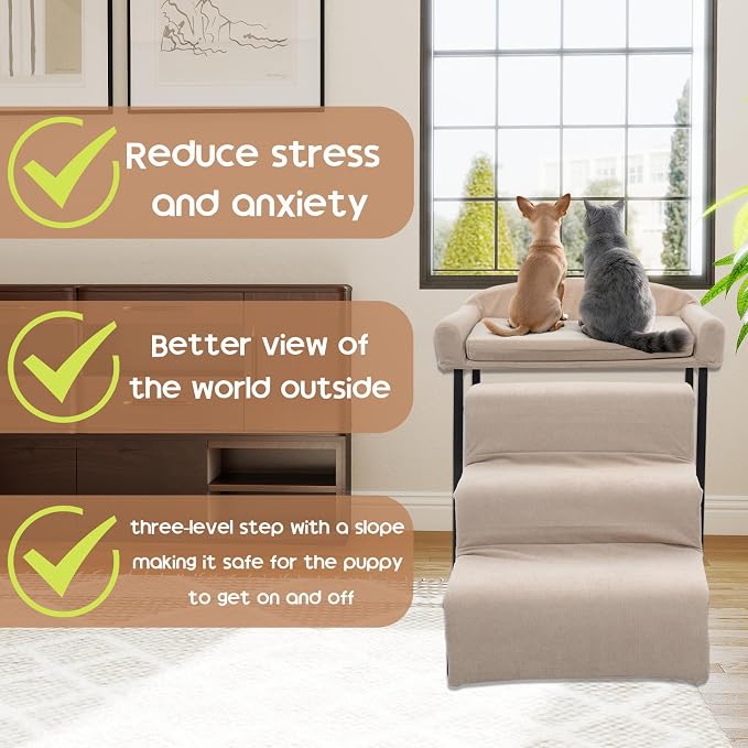 Dog Window Perch with Stairs for Dogs to get on Bed 3-Step Pet Ramp for High Beds Non-Slip Washable Cover The Sturdy Iron Frame with Ideal for Small Dogs Cats Senior Pets with Joint Issues - Image 5