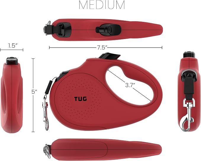 TUG Monochrome 360° Tangle-Free Retractable Dog Leash | 16 ft Strong Nylon Tape (Medium, Red) - Image 2