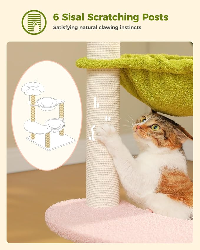 37.4" Flower Cat Tree with 2 Hammocks & 6 Sisal Posts, Pink | Flower top perch, 2 spacious hammocks, 6 sisal posts, Cute small tower, For indoor kittens, Sturdy build - Image 5