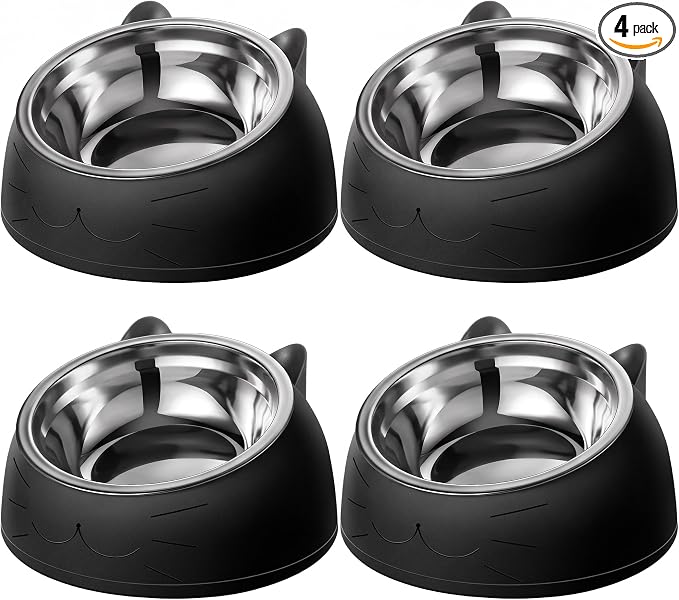 Irenare Elevated Cat Bowls 4 Pack, Stainless Steel Slanted Food Dishes 7oz, Raised Pet Bowls for Cats Small Breeds, Ergonomic Kitten Puppy Feeding Set for Digestion Health Easy Clean by Irenare