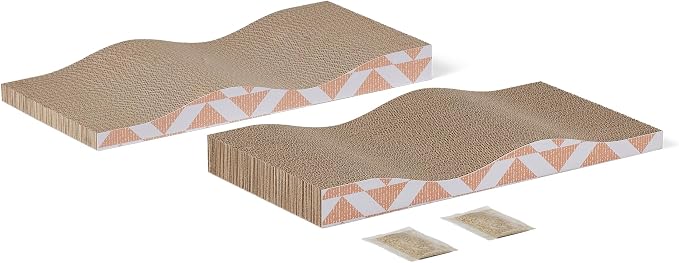 Amazon Basics Cat Scratching Post, Reversible Double-Sided Corrugated Cardboard with Catnip, Curved Wave Design, 16.5 x 8.1 x 1.6 in, 2-Pack by AmazonBasics