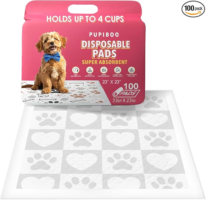Pupiboo Disposable Dog and Cat Training Pads (100 Count) – 23x23 in Highly Absorbent Pee Pads, Leak Proof Backing, Pheromonal Attractant for Housebreaking and Indoor Potty Training by PUPIBOO