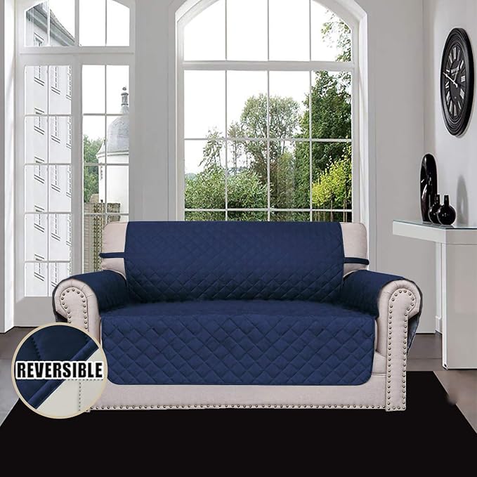 Easy-Going Reversible Loveseat Couch Cover for 2 Cushion Couch Sofa Cover for Dogs Water Resistant Furniture Protector with Foam Sticks Elastic Straps for Pet (Loveseat, Navy/Ivory) | Machine Washable Slipcover For Dogs, Water Resistant Furniture Mat F... - Image 2