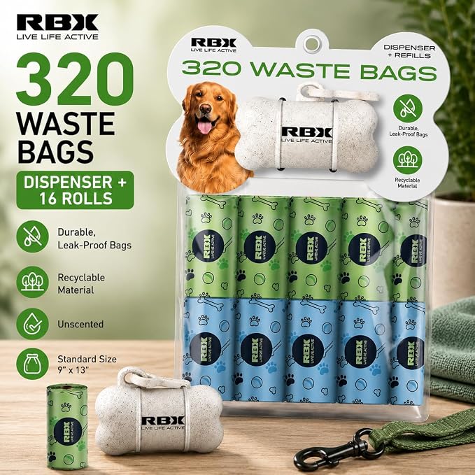 RBX Dog Poop Bags with Leash Holder, 320 Bags, 16 Refill Rolls | Clip-On Dispenser, Durable Leak-Proof, Recyclable Material - Image 2