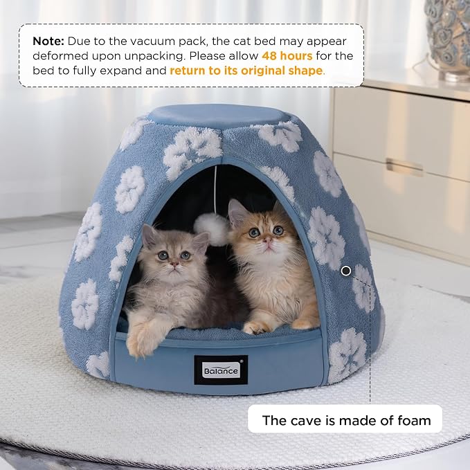 BALANCE Cat Beds for Indoor Cats, 2-in-1 Cat Bed Cave with Anti-Slip Bottom and Ultra-Soft Plush, Cozy Cats House Tent for Kittens and Small Dogs, 21 Inches, Blue - Image 2