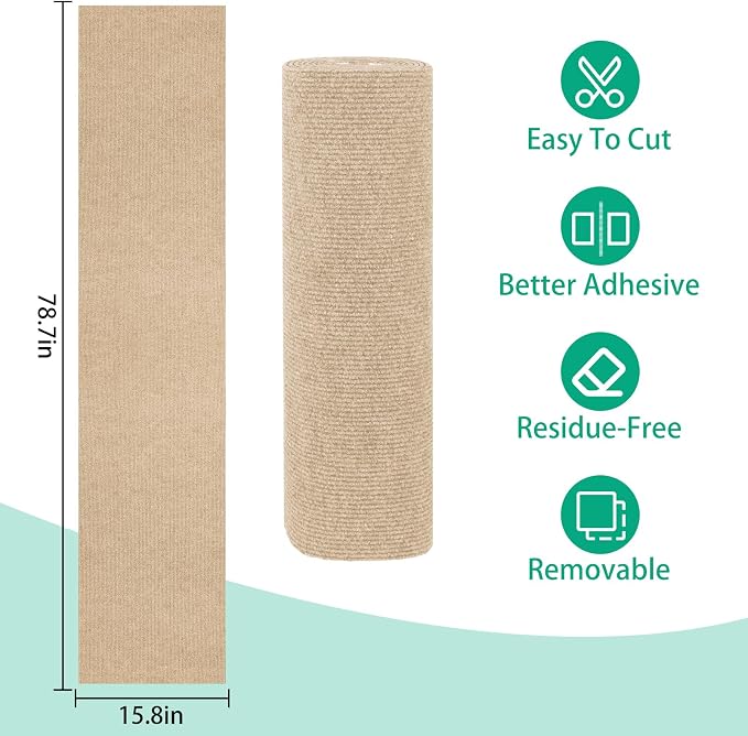 Cat Scratch Mat, 78.7"x15.8" Trimmable Self-Adhesive Cat Scratcher Carpet, DIY Cats Scratch Furniture Protector for Couch, Sofa, Wall & Door, Protector from Cat Claws (Beige) - Image 3