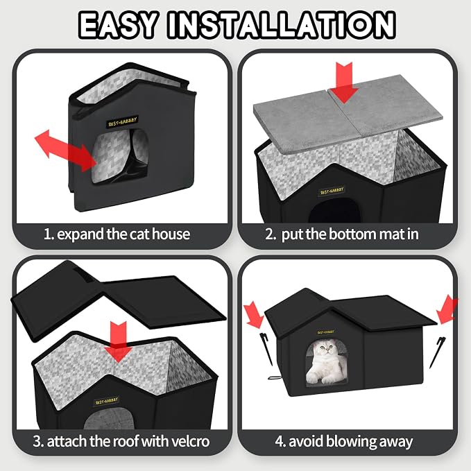 Outdoor Cat House for Feral Cats,Weatherproof & Insulated | Self-warming & waterproof insulated, with mat and canopy, sturdy support, easy assembly, winter shelter for feral cats, black - Image 7