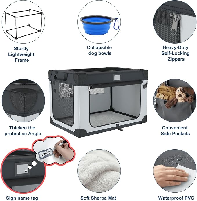 30 Inch Travel Soft Dog Crate Black&White with Personalized Signature Card | Waterproof and Easy to Clean，Home & Car Use，Soft Blanket and Foldable Bowl,Storage Bag,Signature Card,Portable for Camping - Image 4