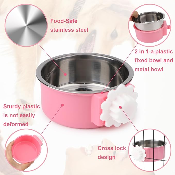 Hypeety Dog Crate Water Bowl No Spill Hanging Attachable Bowls for Kennel | Durable stainless steel, pet food dishes, with non-slip base, easy to clean, for small dogs/cats/rabbits/parrots, 2pcs, pink - Image 5