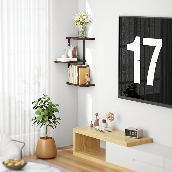 Love-KANKEI Corner Wall Shelf 3 Tier,Solid Wood with Bracket,17"Tall,Walnut | Floating Wall Shelves,Easy to Install,Capacity 26 Lbs,For Bedroom Living Room Bathroom Kitchen Office Display,Wall Decor - Image 6