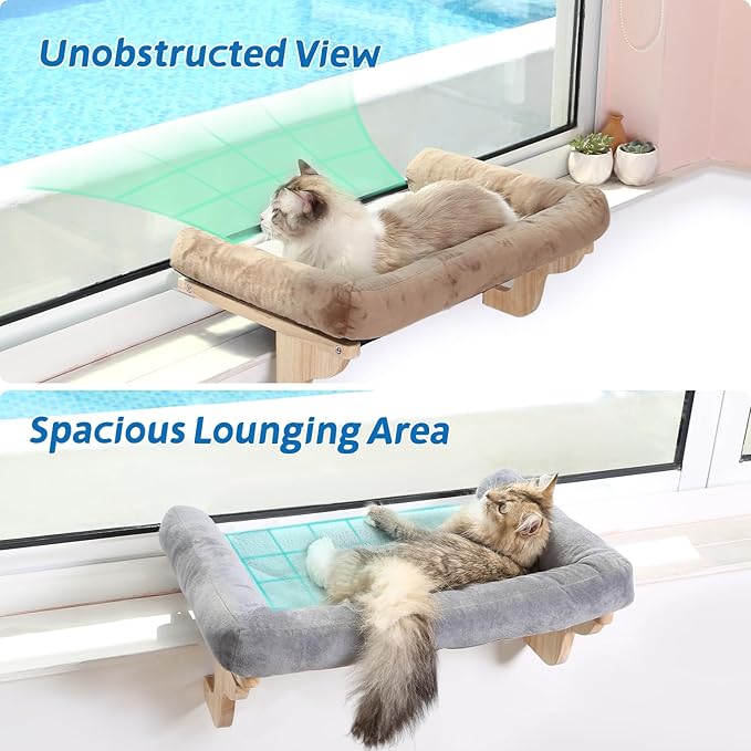 Zakkart Cat Perch for Window Sill with Bolster - Orthopedic Hammock Design with Premium Hardwood & Robust Metal Frame - Cat Window Seat for Large Cats and Kittens - Natural Color Wood Brown Bed, 24''W - Image 2