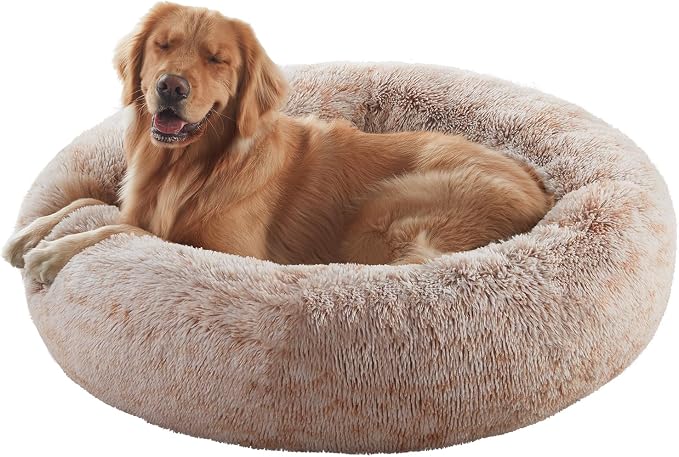 36 inches Faux Fur Fluffy Donut Dog Bed for Large Dogs,Brown | Calming Plush Round Pet Bed with Removable & Washable Cover,Fits up to 80 lbs Pets by BedStillLoveStill