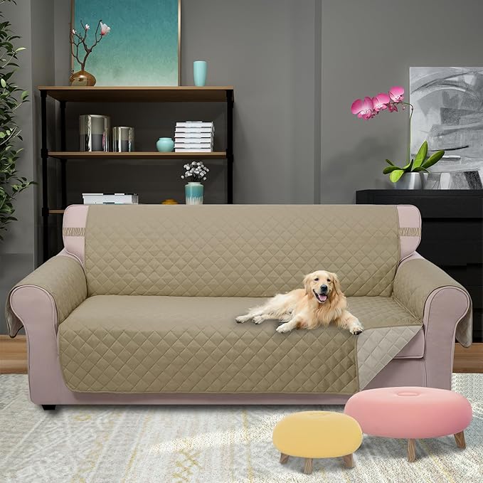 U-NICE HOME 4 Seater Sofa Cover 91''Large Couch Cover, Light Camel/Beige | Washable, Pet Friendly, Elastic Straps, Water Repellent, Furniture Protector Mat for 4 Cushion Couch - Image 2