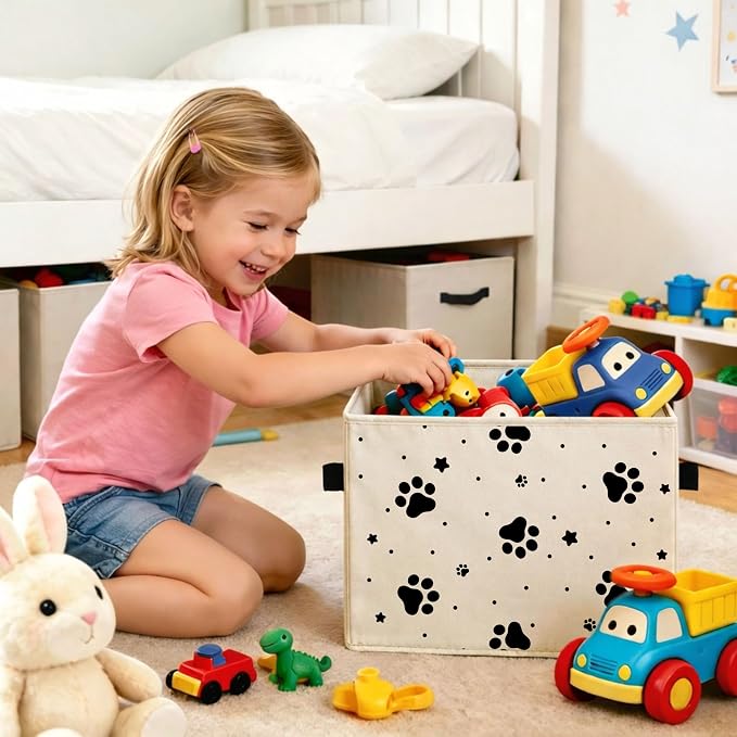 Paw Print Storage Bin, Foldable Fabric Organizer | Black paw print storage bin with stars and dots for toys, books, clothes, pet items, shelves, closets, and rooms. - Image 6