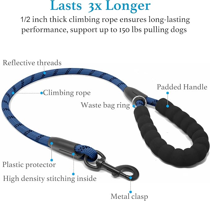 Double Dog Leash, 360° Swivel, No Tangle, Large, True Navy | Dual Leash for Two Dogs, Split Leash, Shock-Absorbing Bungee, Padded Handle, Heavy-Duty Rope - Image 3