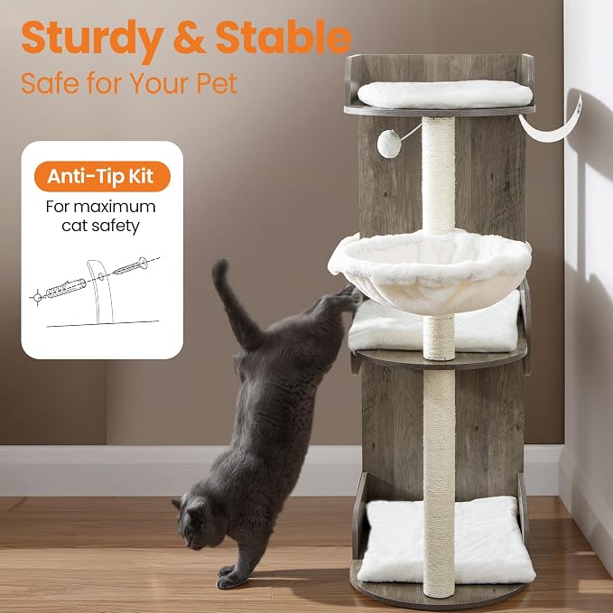44.8in Modern Wood Cat Tree Tower for Indoor Large Cats with Perch | Multi-level Big Platforms, Sisal Scratching Posts, Cozy Hammock, Washable Pads, Ideal for Windows and Corners, Greige - Image 8