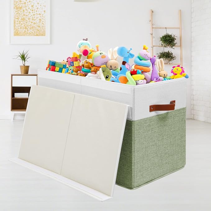 Large Toy Storage Box with Lid, Toy Chest Bin Boxes Basket with Dividers | Sturdy Toy Organizer Bin for Kids, Boys, Girls, Nursery, Living Room, Bedroom, Playroom 25"x13" x16" (Green and White) - Image 5