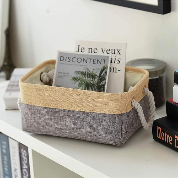 TheWarmHome Decorative Basket Rectangular Fabric Storage Bin Organizer Basket with Handles for Clothes Storage (Gold&Grey, Medium-1Pack,13.8L*9.8W*6.7H) - Image 8