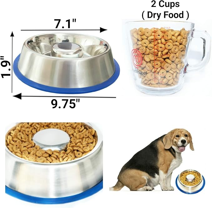 Mr. Peanut's Stainless Steel Interactive Slow Feed Dog Bowl with a Blue Silicone Base, Fun Healthy Bloat Stop Feeder (Medium) - Image 2