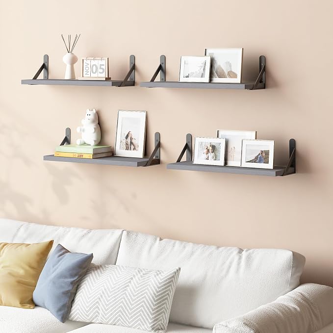 YGEOMER 16.5in Floating Shelves for Wall Home Decor, Wood, Grey, Set of 6 | Rustic wood shelves with metal brackets. Space-saving for books & decor. Works in bathroom, kitchen, living room & bedroom. - Image 2