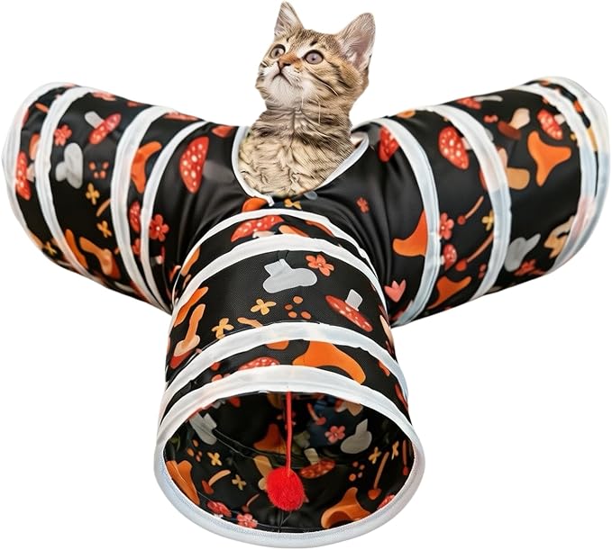 3 Way Cat Tunnel Collapsible Fun Pet Play Tube Toys for Cats, Kittens, Puppies & Rabbits - Portable Tunnel with Hanging Ball for Indoor Play, Hideout & Exercise by Bigladious