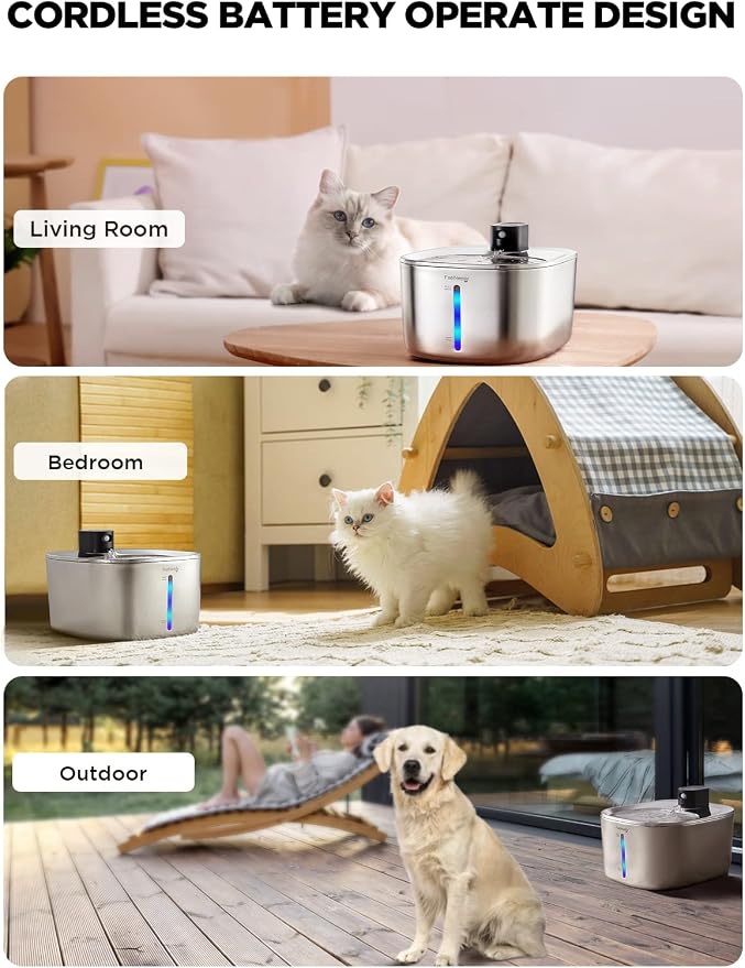 Cordless Cat Water Fountain, Battery Operated, 4L/135fl oz Stainless Steel Pet Water Fountain for Cats Dogs with Motion Sensor, Ultra Quiet Cat Drinking Fountain with 6 Filters (YPD-C004S) - Image 2