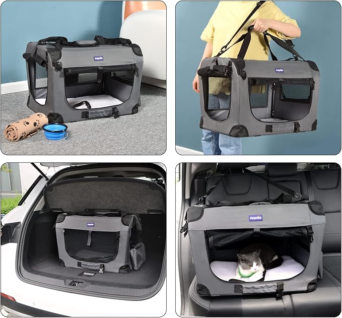 Petprsco Portable Collapsible Dog Crate, 24" Soft Dog Crate for Car Travel | Includes Mat, Blanket & Bowl, Strong Fabric, 4-sided Mesh Vents, 3 Doors, Fit Small Dogs & Large Cats Indoor and Outdoor Use - Image 4