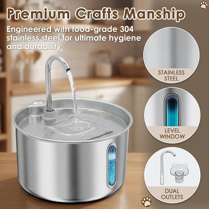 Stainless Steel Cat Water Fountain, 135oz/4L Automatic Pet Water Dispenser with 3 Filters & 2 Water Outlets, Quiet Indoor Drinking Fountain for Cats Small Dogs, Water Level Window - Image 2