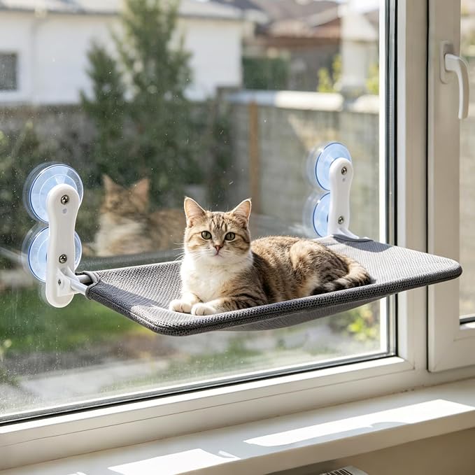 Renter Friendly Cat Shelves, Cat Window Perch Hammock Bed with 4 Suction Cups, Cordless Foldable Metal Frame & Reversible Cover, Indoor Window Hammock by Unknown