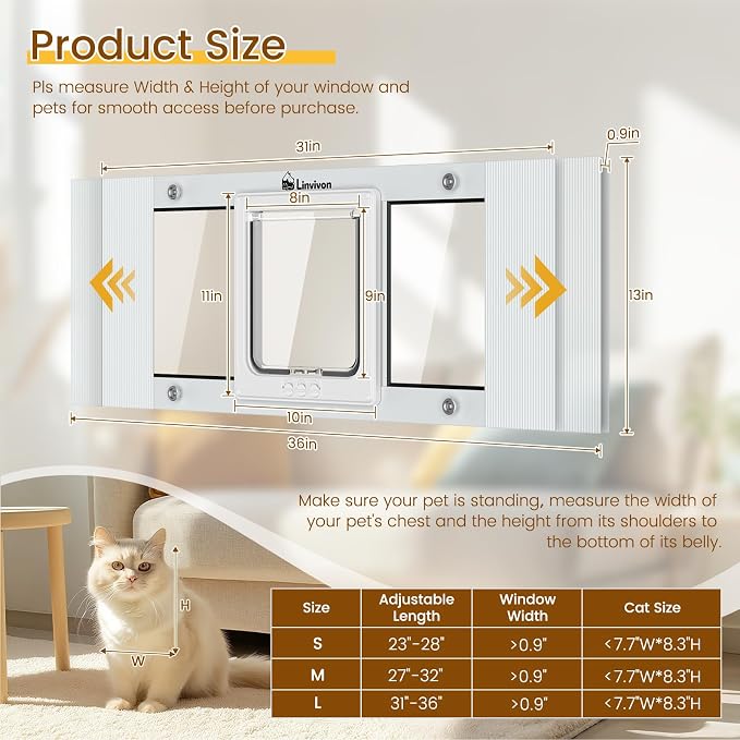 Adjustable Cat Door for Window, 31"-36" Quick Install | 4 Locking Modes Keeps Pets in/Out, Window Insert Design, Magnetic Closure, Weatherproof Aluminum Frame, Durable & Safe - Image 2