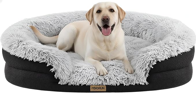 Miorun Fluffy Orthopedic Dog Beds Large Sized Dog, 48" Bolster Sofa Bed | Soft plush faux fur,lowered entry,washable cover,waterproof liner,claming dog couch for x-large dogs,supportive bolster by Miorun