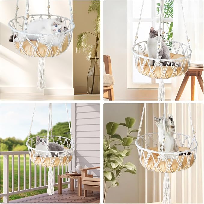Macrame Cat Hammock Bed,Handwoven Hanging Boho Cat Bed with Hanging Kit for Indoor Outdoor Home Decor Ceiling Catio Swing for Playing Sleeping Climbing and Lounging(15.74x15.74x47.24IN)(L) - Image 5
