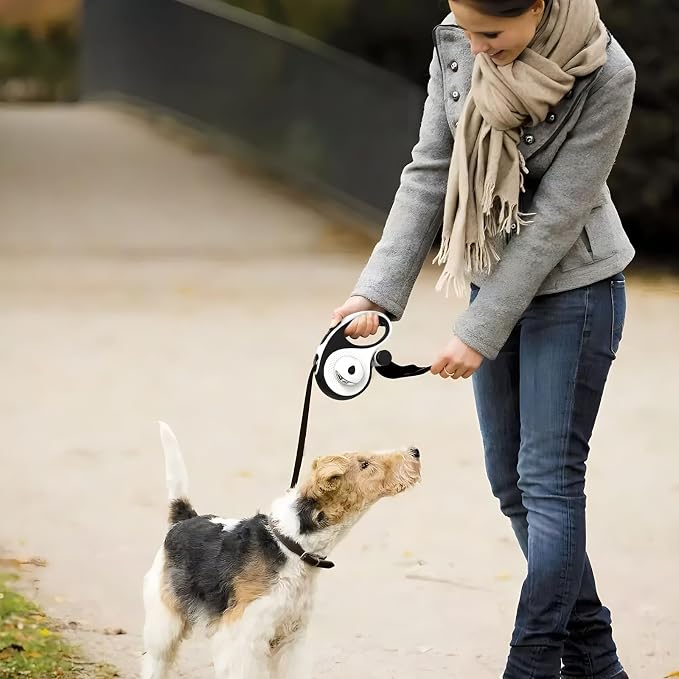 26Ft Retractable Dog Leash - for Dog Up to 110lbs, Tangle Free Walking Leash with Chew Proof Cable | LED Light | Dispenser | Poop Bags, Quick Lock Braking & Non-Slip Handle (White) - Image 8