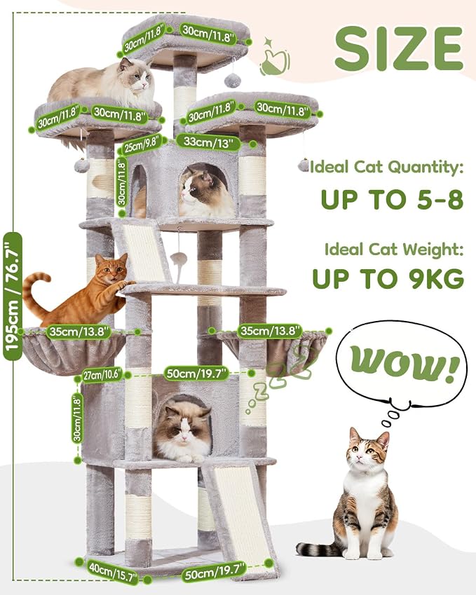 Taoqimiao Cat Tree for Large Cats, 76.8 Inches XL Cat Tower for Indoor Cats | 2 Scratch Boards, 3 Top Perches, 9 Scratching Posts, Multi-Level Cat Tree with 2 Condos, 2 Cozy Basket, Light Gray, T20W - Image 2