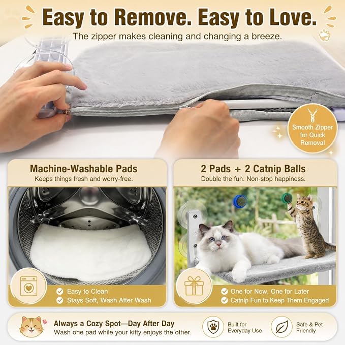 Cat Window Perch Hammock with 2 Washable Plush Covers, Cozy Window Bed for Cats with Catnip Toys, Window Mounted Cat Bed for Indoor Cats to Sunbathe and Relax - Image 5