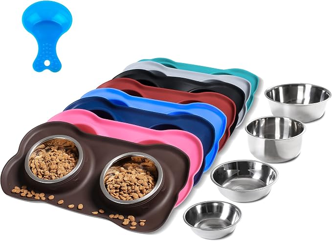 Hubulk Pet Dog Bowls 2 Stainless Steel Dog Bowl with No Spill Non-Skid Silicone Mat + Pet Food Scoop Water and Food Feeder Bowls for Feeding Small Medium Large Dogs Cats Puppies (X- Large, Chocolate) by Hubulk