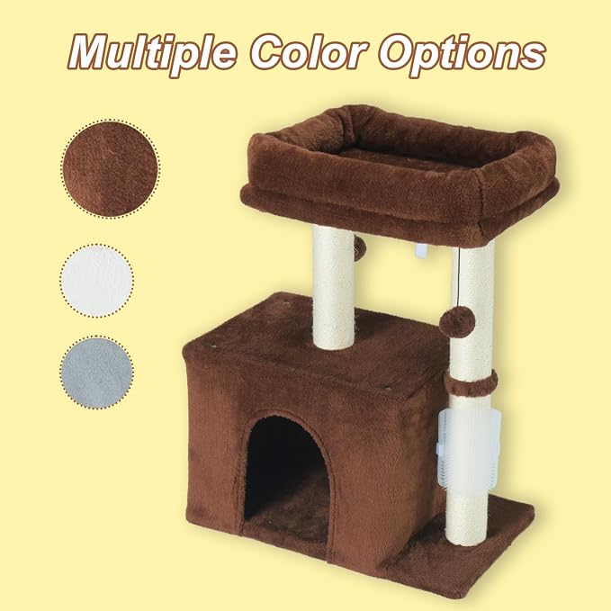 PEEKAB Small Cat Tree Tower,Scratching Post with Condo and Perch for Indoor Cats and Kittens,with Dangling Ball Massage Brush,Brown - Image 7
