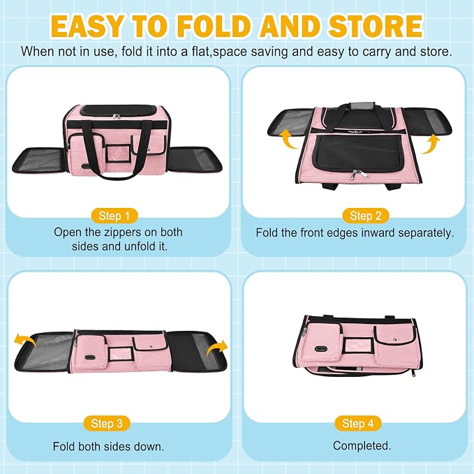 HUANLANG Large Cat Carrier Soft Sided Travel Pet Carrier Airline Approved | Dog Carriers for Small Dogs Medium Cats,Collapsible,3 Storage,zipper lock,Reflective strips,Luggage Strap, Up to 15 L,Pinkbs - Image 9
