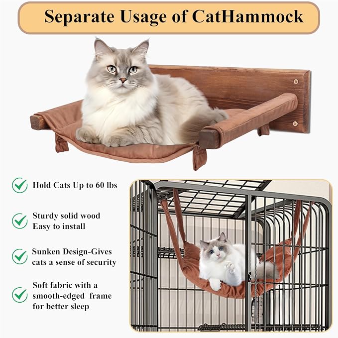 JSPYFITS Wooden Cat Furniture Wall Mounted, Double Layer Hammock, Large Size 18.9″ Removable Multi-Function Cat Bed for Sleep/Play/Climb, Kitten Window Perch, Easy DIY Installation(Brown) - Image 6