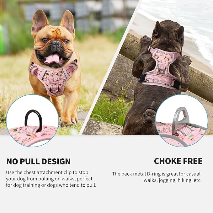 HEELE Dog Harness, No Pull Adjustable Padded Reflective Harness for Small Medium Large Dogs with Handle for Walking Training, Flower-Pink, L | Reflective Front Clip Vest with Control Handle, No Choke, Adjustable 2 Metal Rings for Outdoor Walking Training - Image 3