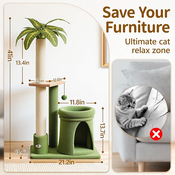 41" Cat Tree Tower Condo Scratch Post Stand for Indoor Small Cats | Palm Tree Compact Space Saving Scratch Post Stand with Cozy Bed, Great for Kitten Climbing, Scratching Playing & Resting - Image 6