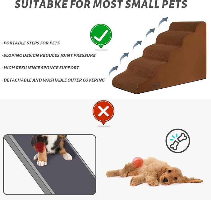 Aodisman Dog Stairs for High Bed,5-Step Pet Ramp for Small Dogs and Cats | 22.2" H Dog Steps for Bed with High-Density Foam, Help Olders,Short-Legged Dogs,Puppy and Cats Get on Beds Easily,Grey,Brown - Image 4