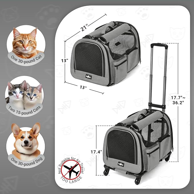 Large Pet Carrier with Wheels, Foldable Rolling Dog Carrier with Big Pocket, Cat Rolling Bag 21"x13"x13" for 2 Cats &Dogs, for Travel, Outdoor, Vet Visits, Camping, Indoor. Gray. (Not for Airline) - Image 2