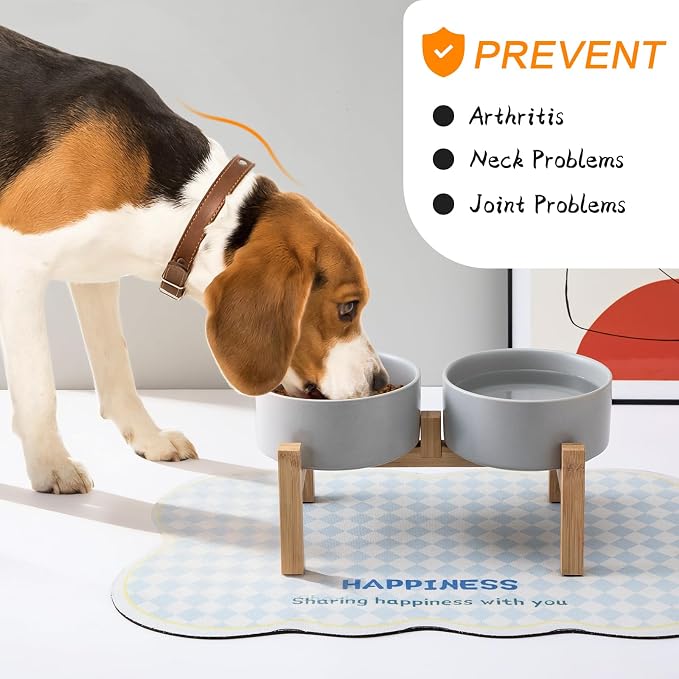 Elevated Ceramic Dog Bowl Set - Raised Dog Bowls with Non Slip Bamboo Stand, Food and Water Bowl Set for Kitty, Cats and Toy Breed Dogs, Pet Bowls, Weighted Dogs Dishes (5.1'', 2*16OZ, Grey) - Image 6